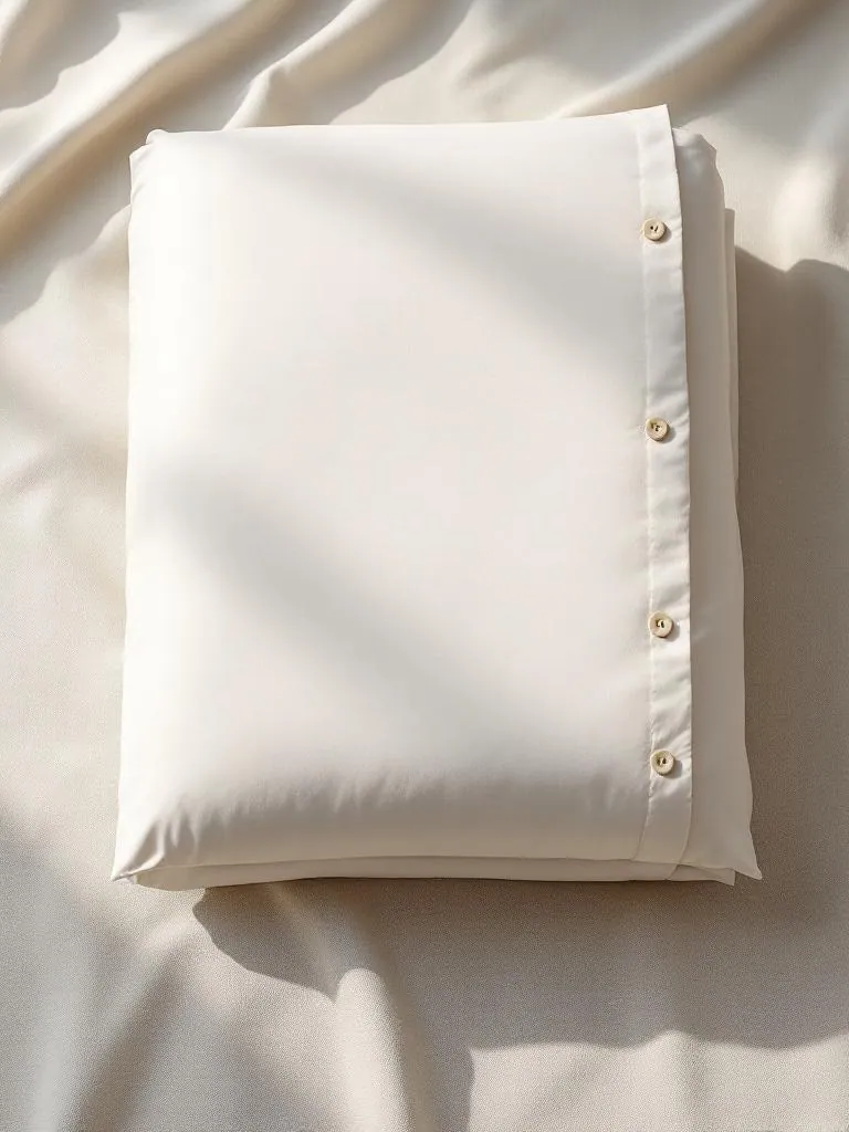 Duvet cover manufacturer Karachi Pakistan showing folded cream cotton duvet cover with button placket closure, top view